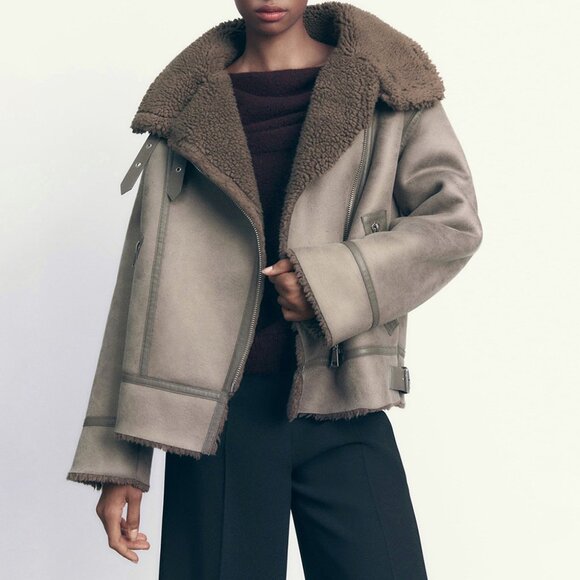 ZARA NEW WOMEN FAUX LEATHER SHEARLING DOUBLE-FACED BIKER JACKET GRAY 3548/243 - Picture 3 of 15